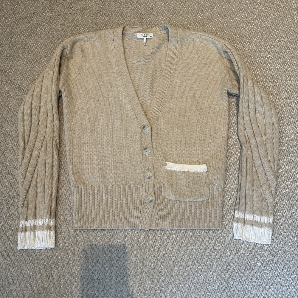Rag & Bone Tan Cardigan Sweater with V-Neck and Ribbed Texture